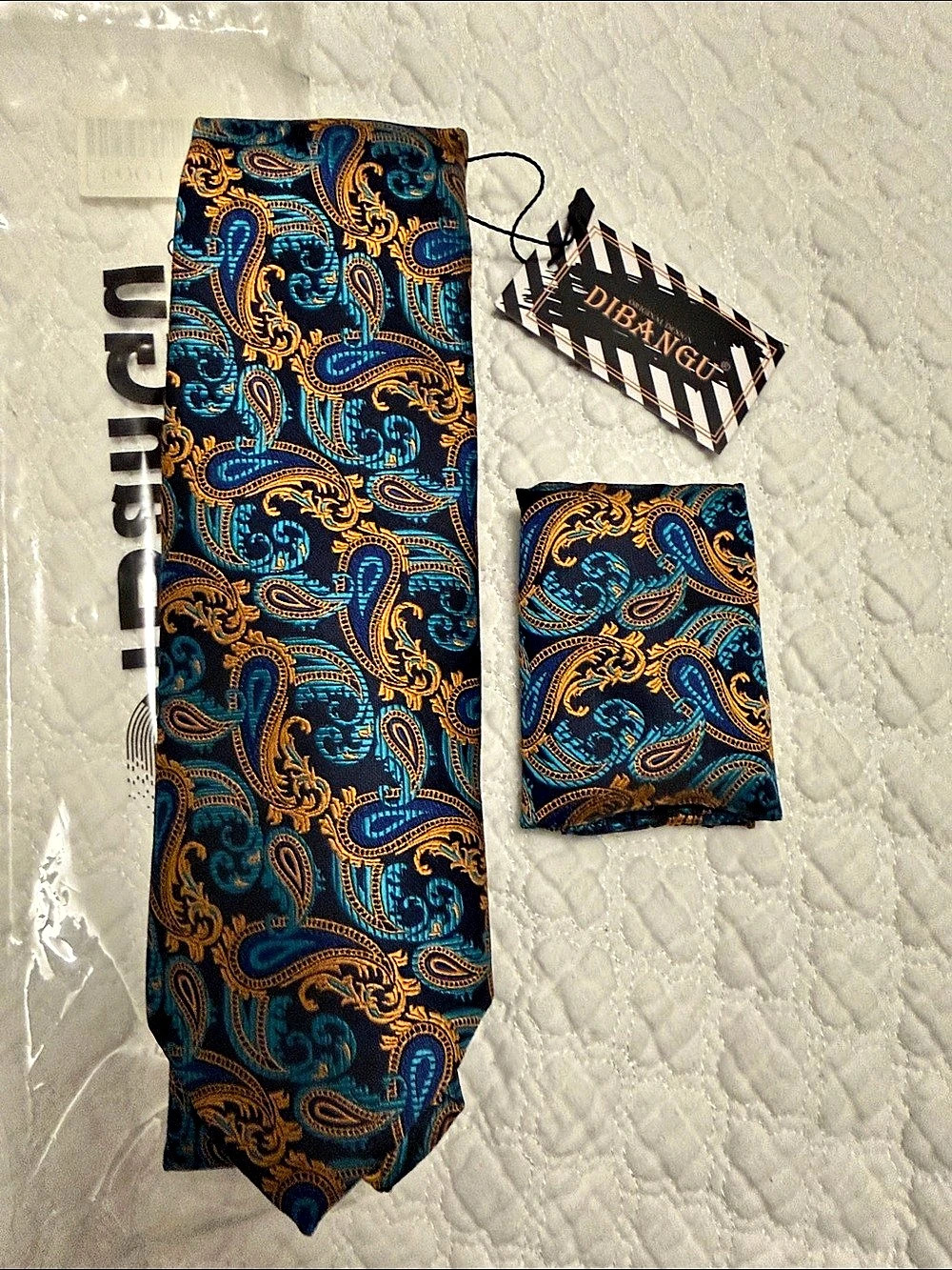 DIBRINECO Paisley Tie & Pocket Square in Blue & Brown NWT